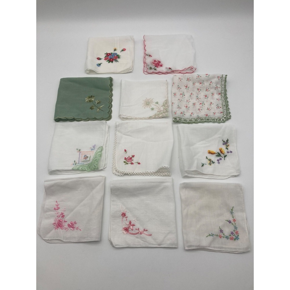Lot 11 Vintage Floral Handkerchiefs Embroidered Linen Lace Hankies Lot